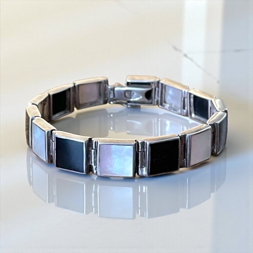 Vintage Sterling Silver Black Onyx Mother of Pearl Link Panel Bracelet 925 7"